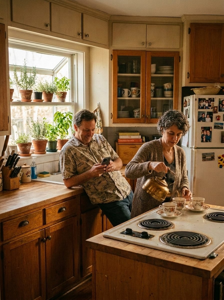 A couple in their sixties at home in their kitchen